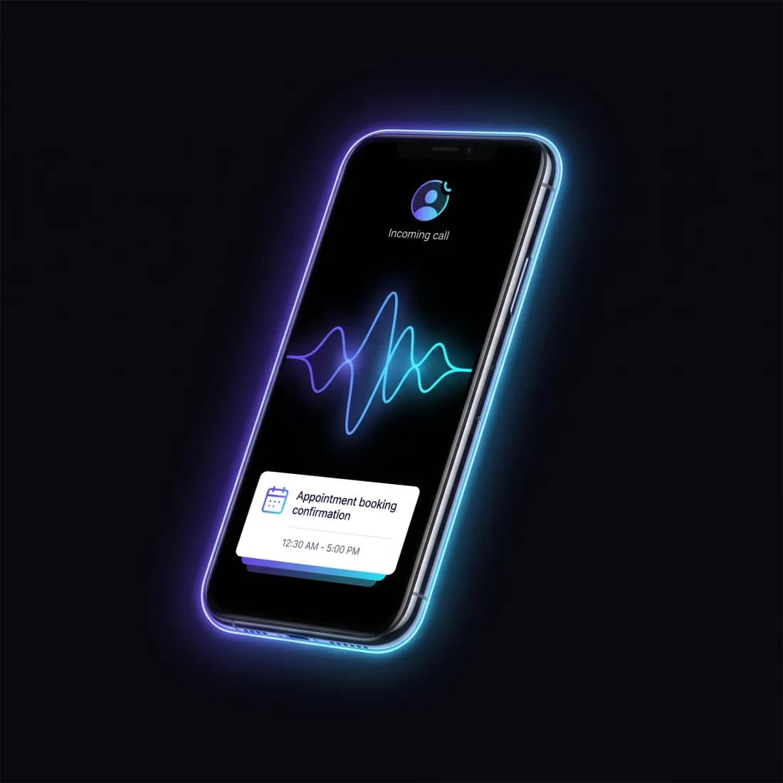The Dewul AI receptionist answering a call on a phone — a live voice waveform and a confirmed appointment booking.