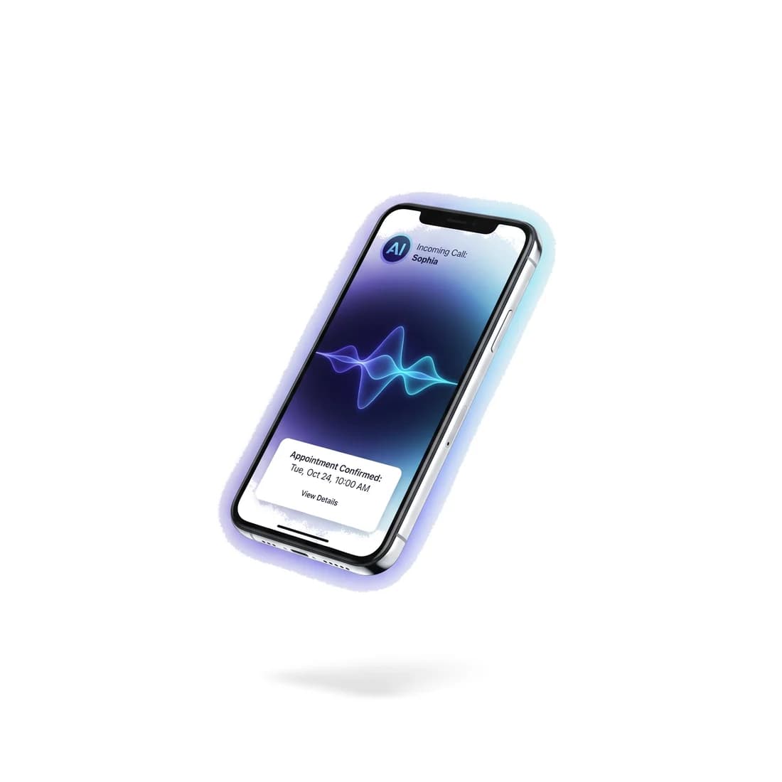 The Dewul AI receptionist answering a call on a phone — a live voice waveform and a confirmed appointment booking.